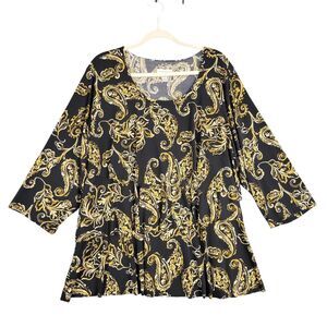 SUSAN GRAVER Black Paisley Tiered Ruffle Liquid Knit Slinky Top SIZE 3X PETITE